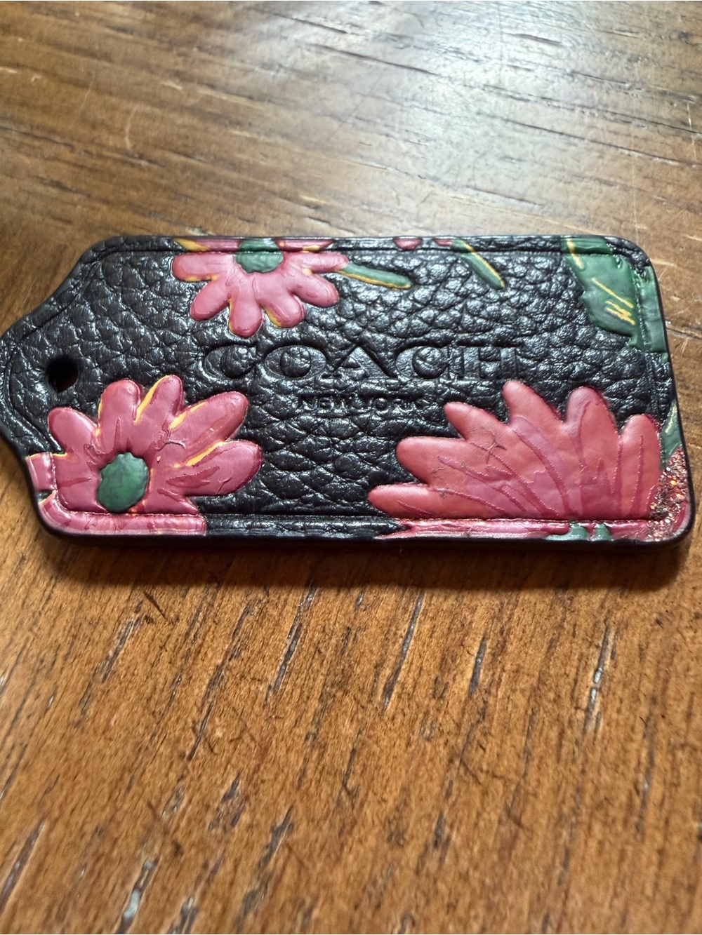 Coach Black Leather Floral Bag Tag with Pink Flowers